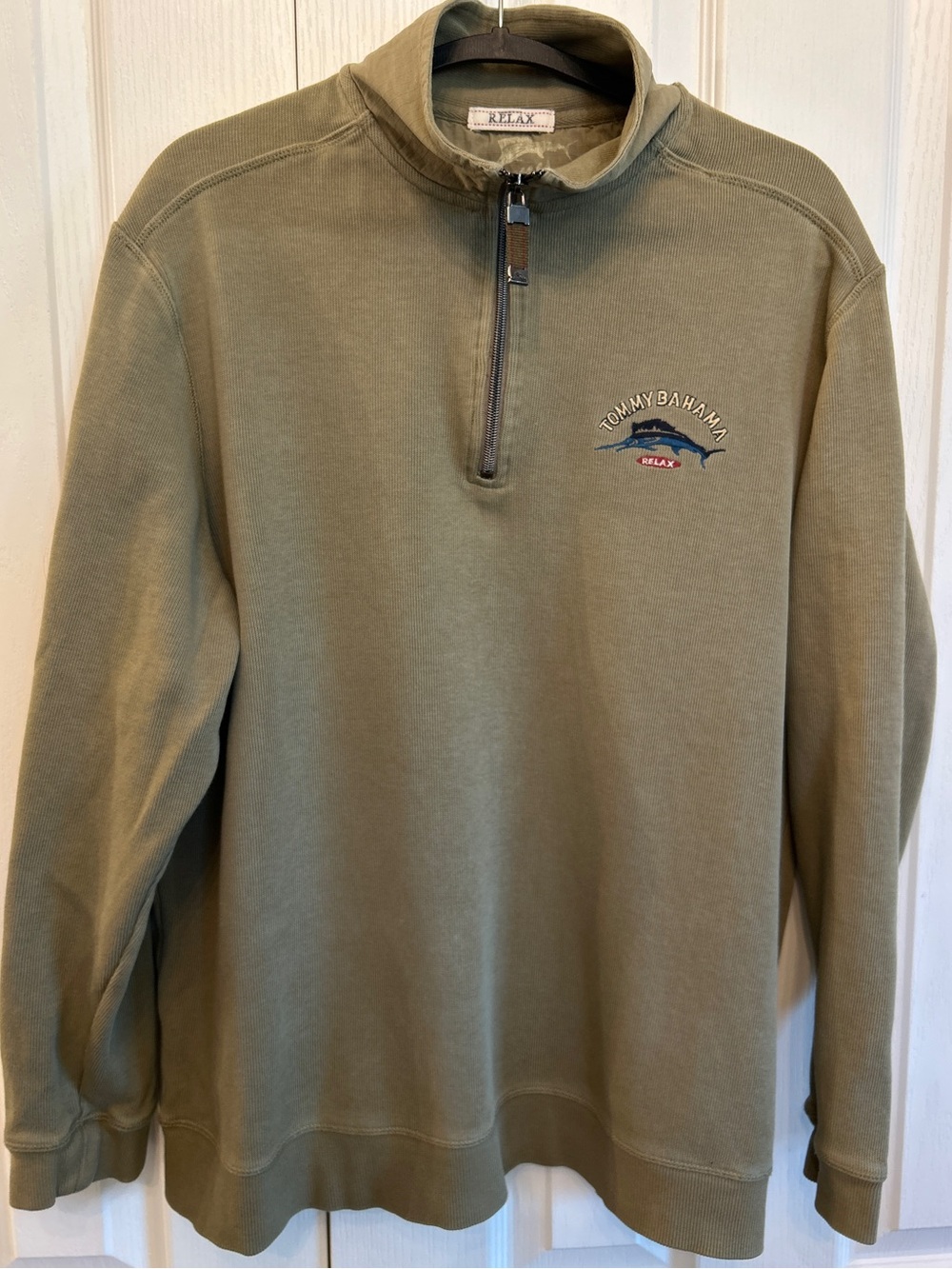 Tommy Bahama Coastal Relax Olive Green Quarter-Zip Marlin Pullover Cotton Size M